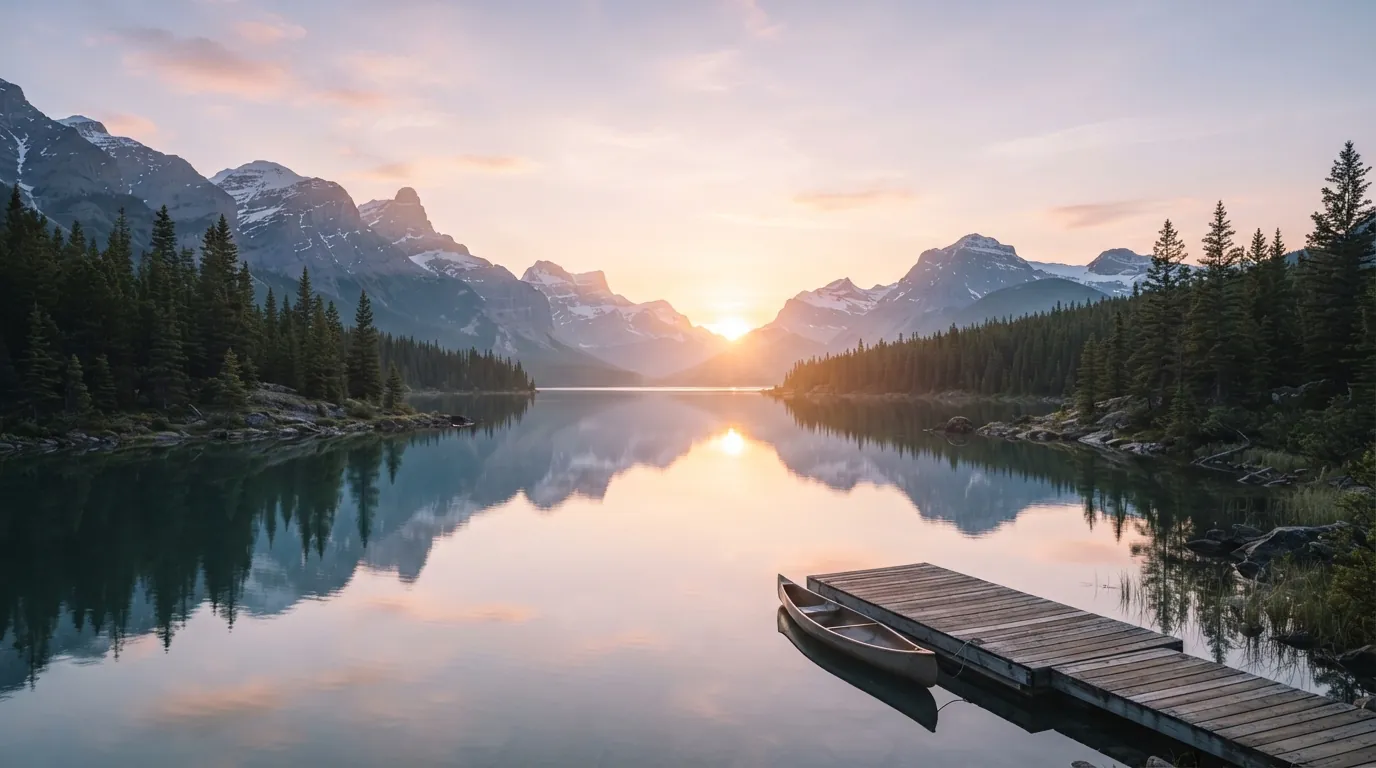 A still lake at first light with mountains behind it.
