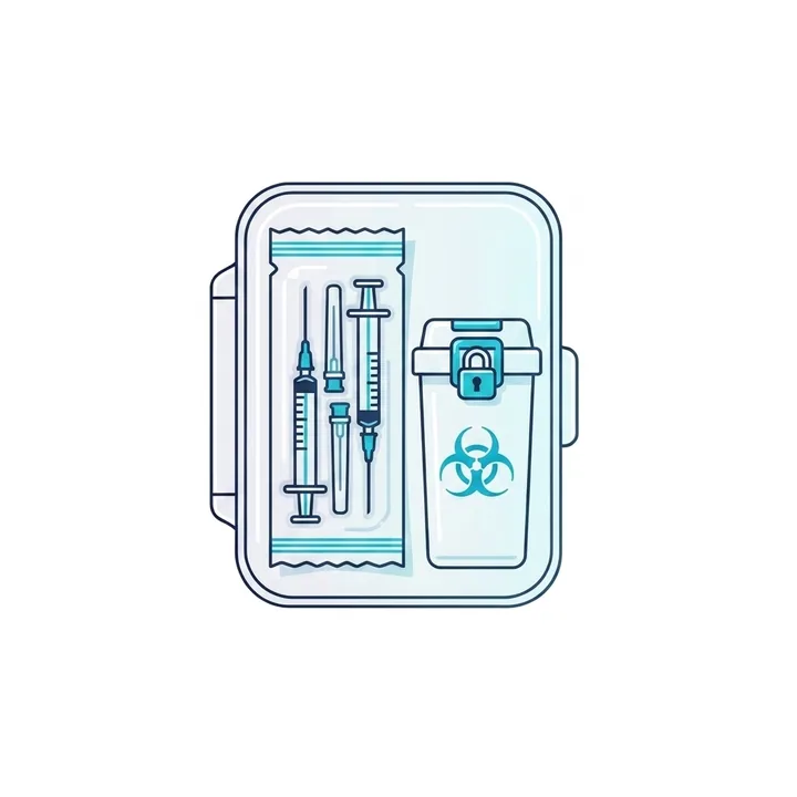 An open exchange pack with sealed needles and a sharps bin.