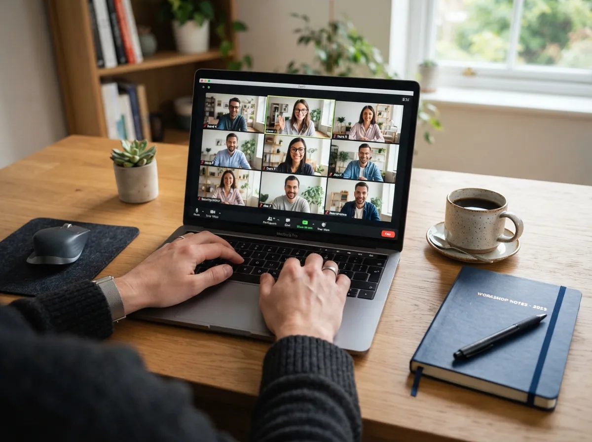 A laptop on a desk showing a group video session.