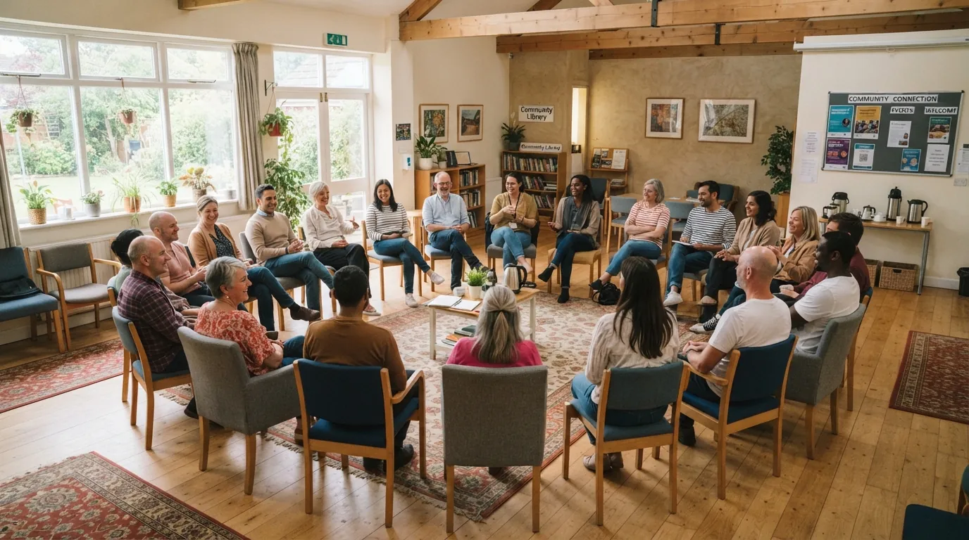 A circle of chairs in a community hall, a group mid-conversation.
